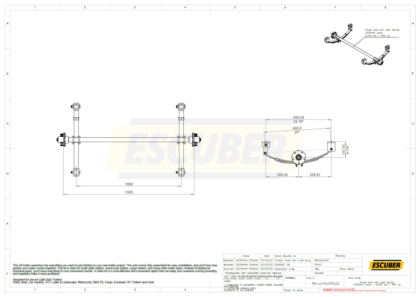 Trailer Axle with Leaf Spring 1300mm Long - 2,000 lbs / 900 kg