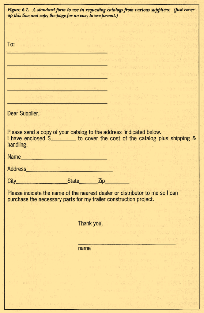 Figure 6.1. A standard form to use in requesting catalogs from various suppliers: Just cover up this line and copy the page for an easy to use format.)